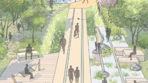 An illustration of what the new generation project looks like. Figures of people can be seen walking, riding bikes and sitting on benches. There is a yellow path running through the middle of trees.