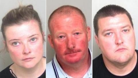 Three mugshots in a row. They are all pale with light eyebrows. Rosie has brown-blond hair in a ponytail and green eyes. Robert is older and redder than his children, wearing a blue polo shirt. Stephen has a slightly grown out buzzcut. He is frowning.