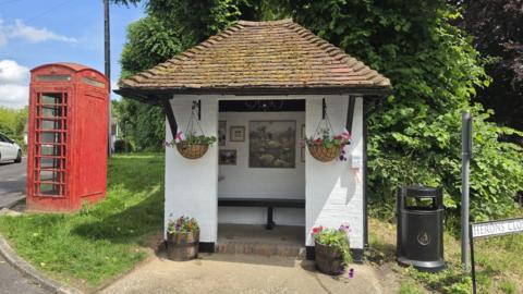 A small white bus shelter with a sloped roof. There are paintings on the wall inside and pots and hanging baskets are filled with flowers.