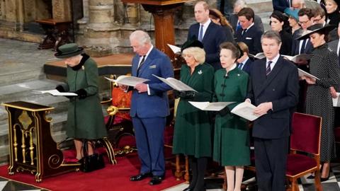 Queen Elizabeth II and others attend the Service of Thanksgiving for the life of the Duke of Edinburgh, at Westminster Abbey in London on 29 March 2022
