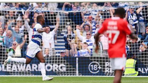Richard Kone celebrates after scoring QPR's third goal against Charlton Athletic