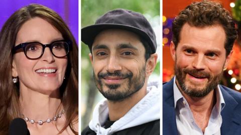 Headshots of Tina Fey - who is wearing a diamond necklace and black-rimmed glasses - Riz Ahmed - who is smiling and wearing a white hoodie and black cap - and Jamie Dornan who is wearing a blue shirt and suit jacket.