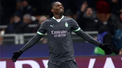 Milan forward Rafael Leao celebrates scoring against Girona in the Champions League