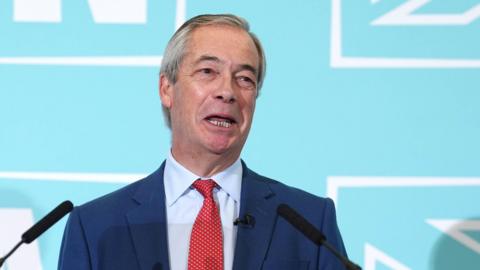 Reform Party leader Nigel Farage speaking during a Reform UK press conference in Westminster, central London after former Conservative chancellor Nadhim Zahawi joined Reform UK.