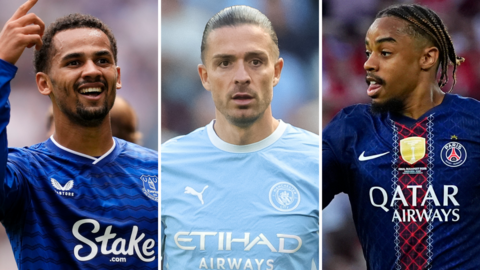 Iliman Ndiaye, Jack Grealish and Bradley Barcola split graphic