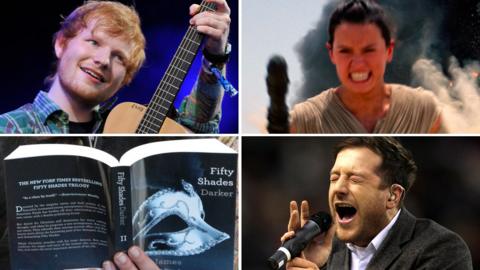Clockwise from top left: Ed Sheeran, Star Wars:The Force Awakens, Matt Cardle, Fifty Shades of Grey