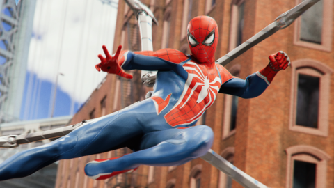 An action shot from Spider-Man 2 of the superhero flying through the air, kicking an enemy to the ground. Spider-Man has articulated spider legs emerging from his back, and the enemy, wearing a light brown jacket with dark brown arms, has his arms up over his head as he falls to the ground.
