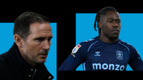 Head shots of Coventry City head coach Frank Lampard on the left and Brandon Thomas-Asante on the right with both looking slightly concerned