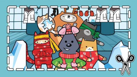Karate Cats Maths characters in an icy dojo wearing winter costumes: wooly jumpers and scarves.