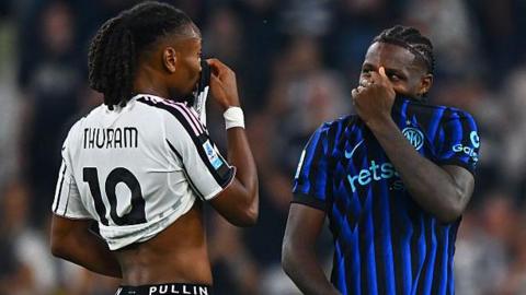 Marcus Thuram and Khephren Thuram in conversation after Juventus' 4-3 win over Inter Milan