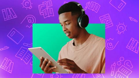 A student listens to a podcast with headphones and a tablet, with bright subject icons in the background.