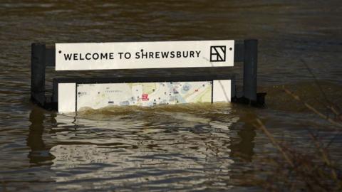Shrewsbury welcome sign under water in Feb 2020 floods