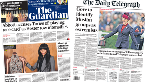 The headline in the Guardian reads, "Abbott accuses Tories of 'playing race card' as Hester row intensifies", while the headline in the Telegraph reads, "Gove to identify Muslim groups as extremists".