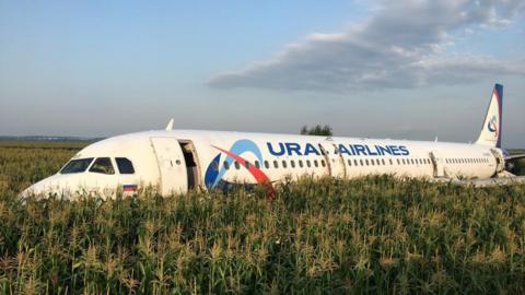 Russian jet after crash-landing, 15 Aug 19