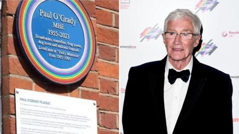A split image of a plaque and Paul O'Grady.