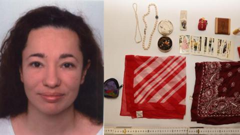 A photo shows the fugitive, Mariana M, alongside items seized from her house