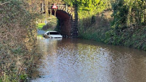 A white Mercedes car is partially submerged in water under a railway bridge with vegetation on both sides of the road.