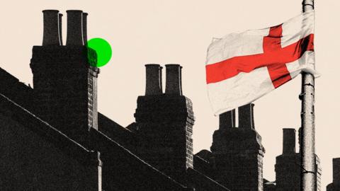 A treated image showing a St George's flag and a general view of chimneys on a row of terraced residential houses

