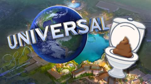 Universal log and toilet with poo emoji in front of an artist impression of the theme park. 