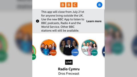 Fe fydd modd gwrando ar orsafoedd radio'r BBC yn fyw ond nid ar alw