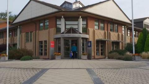 The HQ of Avon And Somerset Police and Avon Fire and Rescue in Portishead, seen from the outside near the main entrance