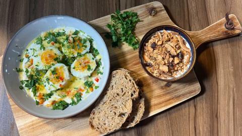 Italian-inspired Turkish eggs and homemade granola on display in the Morning Live studio.