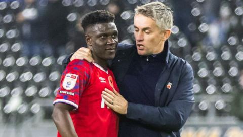 Ipswich Town manager Kieran McKenna congratulates midfielder Azor Matusiwa