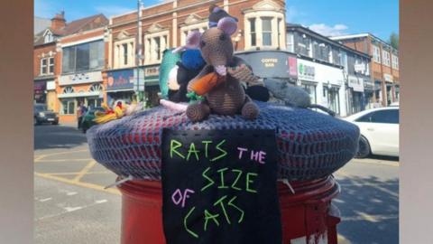 A knitted rat, holding a large carrot sits on top of a postbox. The words 'Rats the size of cats' has been sewn onto the topper.