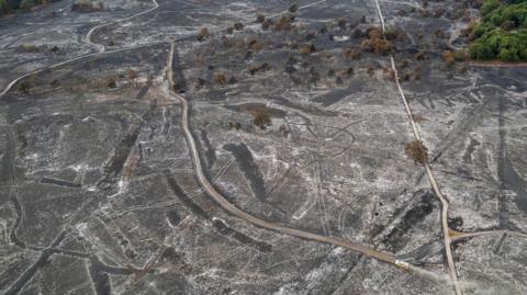 An aerial image shows the damage to Dunwich Heath. A huge area is scorched black, grey and white. Some paths are visible and there are tyre marks through the landscape. Some trees are visible and a vehicle kicking up sand can be seen on one of the pathways.