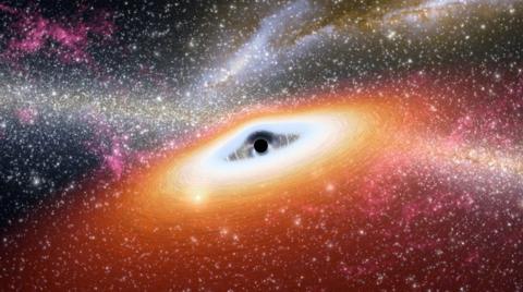 This artist's concept shows one of the most primitive supermassive black holes (central black dot), dating back 13 billion years, was discovered by NASA's Spitzer Space Telescope.