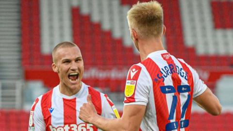 Stoke City players celebrate Sam Surridge's goal against Fleetwood Town