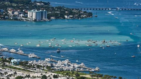 Drone birds-eye shot of the Haulover Sandbar in Miami, Florida.