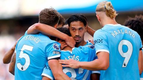  Tijjani Reijnders of Manchester City is congratulated by teammates during the Premier League match between Wolverhampton Wanderers and Manchester City at Molineux 