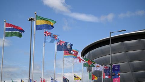 GLASGOW, SCOTLAND - JULY 22: A general view as flags are seen outside The Hydro ahead of the Glasgow 2026 Commonwealth Games on July 22, 2026 in Glasgow, Scotland. (Photo by Mattia Ozbot/Getty Images)