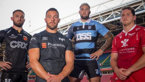 Players from Wales' four regions (left to right): Harrison Keddie (Dragons), Rhys Webb (Ospreys), Josh Turnbull (Cardiff) and Ryan Elias (Scarlets)
