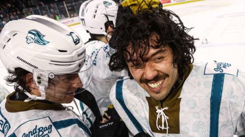 Elijah Barriga is congratulated after his two goals for the Belfast Giants in Saturday's game