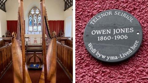 Llun cyfansawdd o ddwy delyn deires mewn eglwys a phlac ar wal yn cofio Owen Jones, Telynor Seiriol