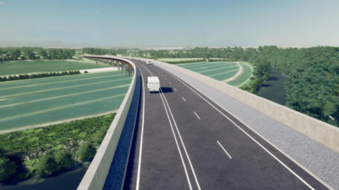 An artist's impression of the relief road, showing a long carriageway running through the countryside
