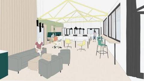 Concept design of the work hub at the Market Centre, Tiverton, showing some individual desks, plus a coffee table surrounded by a sofa and chairs