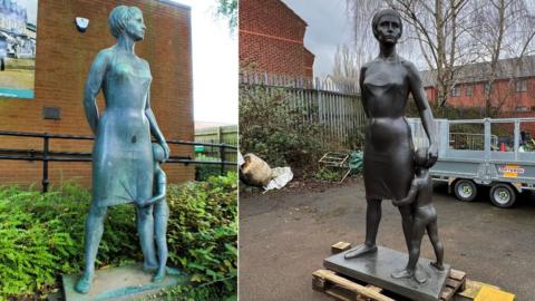 Mother and Child statue before and after restoration