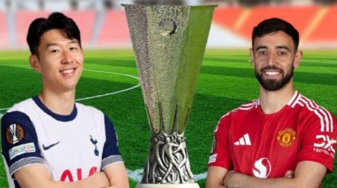 Son Heung-min and Bruno Fernandes alongside the Europa League trophy.
