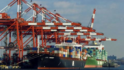 Shipping containers lie stacked on a ship docked at the Port Newark Container Terminal, the third-largest cargo terminal in New York harbor on February 21, 2006 in Newark, New Jersey.