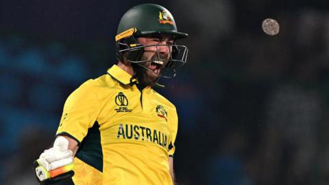 Glenn Maxwell celebrates his century against the Netherlands in the Cricket World Cup