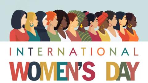 Several images of women in cartoon style and the text "International Women's Day"