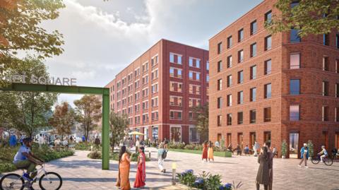 An artists impression of the Smithgate redevelopment shows two large accommodation blocks around Market Square