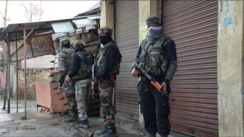 Indian soldiers in Pulwama district, Indian-administered Kashmir