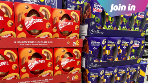 stacks of easter eggs with the words join in in the top right corner.