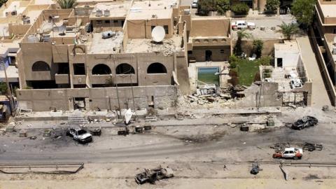 A close up aerial photograph of the front of the Jordanian Embassy in Baghdad in 2003