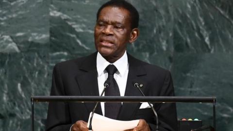 File photo of Equatorial Guinean President Teodoro Obiang Nguema Mbasogo addressing United Nations General assembly at the UN headquarters in New York on 21 September 2017