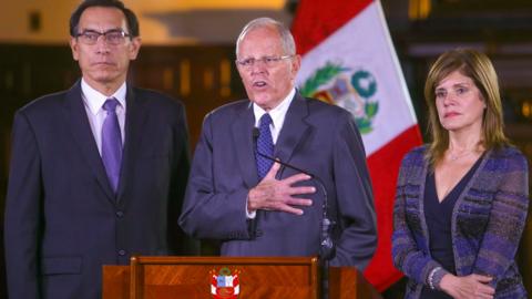 Peruvian President Pedro Pablo Kuczynski (C) with vice-presidents Martin Vizcarra and Mercedes Araoz at the government palace in Lima, Peru, December 20, 2017